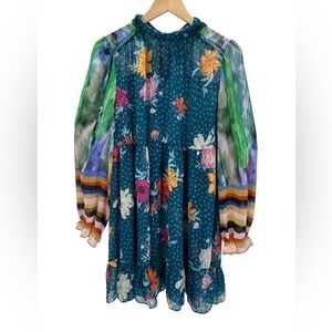 Fate Mixed Print Multicolor Sheer Floral Dot Bow Neck Ruffle Modest Tunic Top L